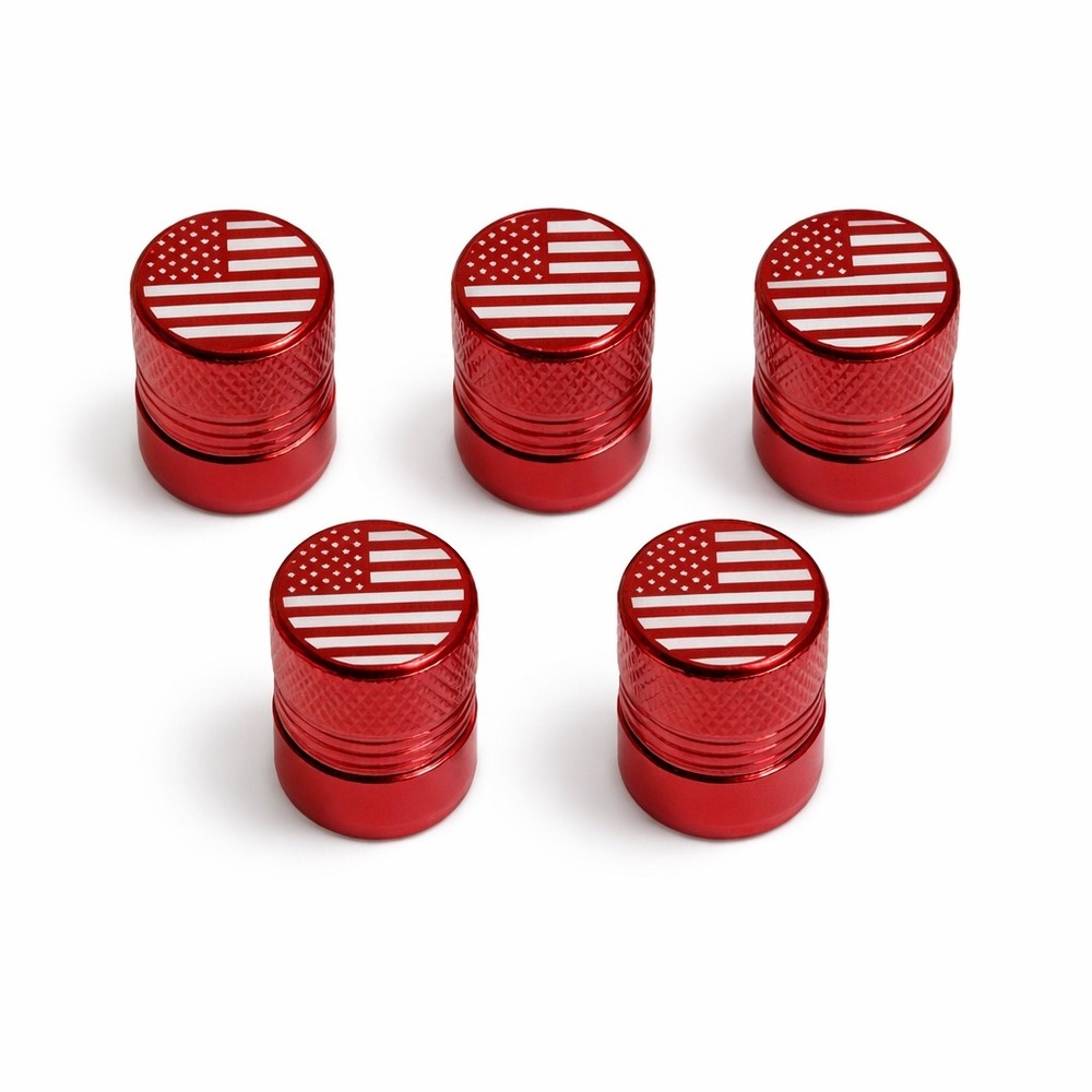 Red American Flag Tire Valve Stem‎ Caps 5pc Set Aluminum Universal Fit USA Flag